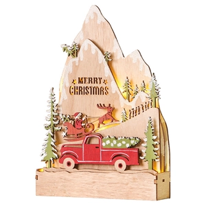LED lighted wooden Christmas scene with sleigh and red truck ornament on white background