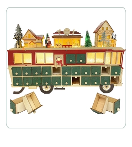Macro detail of wooden Christmas bus advent calendar with 24 storage drawers and LED houses