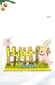 Detail of wooden Easter desktop decor featuring pink bunny and Happy Easter lettering