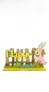Detail of laser-cut wooden Happy Easter sign with pink bunny and floral accents