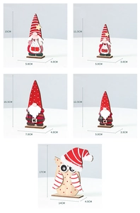 Detailed dimensions of assorted wooden Santa gnomes and owl Christmas decorations