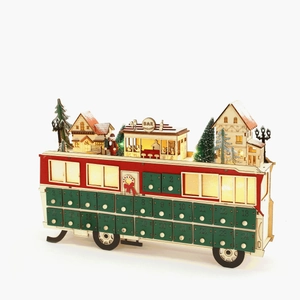 LED wooden Christmas advent calendar bus featuring 24 drawers and a snowy miniature scene