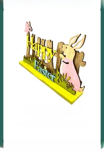 Detail view of multilayered Happy Easter wooden ornament with pink bunny and fence