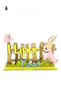 Detail of wooden Easter rabbit ornament with Happy Easter text and colorful accents