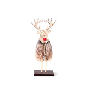 Nordic wooden Christmas reindeer ornament with grey faux fur and red nose on white base