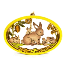Detail of laser-cut wooden Easter bunny ornament featuring floral layered wood design