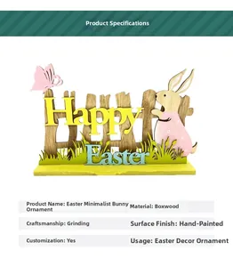 Detail of wooden Happy Easter bunny ornament with hand-painted boxwood finish and base