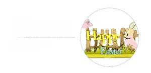 Detail of wooden Easter ornament featuring hollow carved rabbit, fence and Happy Easter text