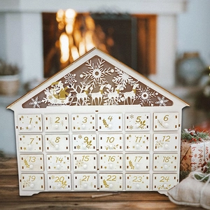 Exquisite wooden advent calendar house with 24 drawers and reindeer sleigh cutout decor