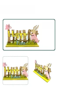 Detail view of wooden Easter bunny figurine with pink dress and Happy Easter base sign