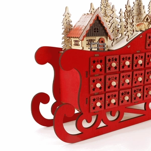 Weihnachts-Adventskalender aus Holz in Schlittenform mit LED-Miniaturdorf und Schubladen