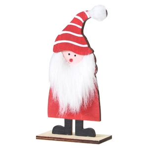 Creative wooden Santa Claus table ornament with plush beard and striped hat for Christmas decor