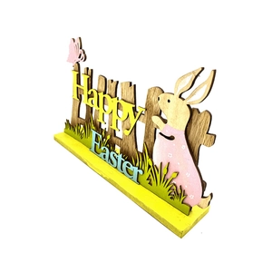 Easter wooden bunny ornament with Happy Easter text on white background