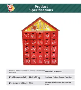 Détail du calendrier de l'Avent en bois avec 24 tiroirs et éclairage LED intégré