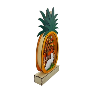 Handcrafted LED wooden pineapple Easter decor with hollow tree and white rabbit scene