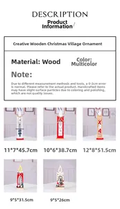 Size chart showing wooden Christmas village ornaments with detailed dimensions and patterns
