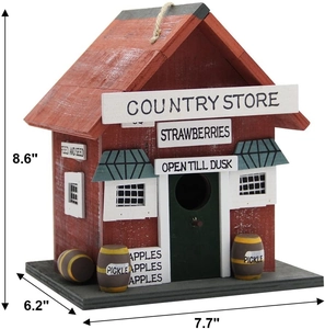 Hanging wooden country store birdhouse in vintage red with rustic rope and store signs