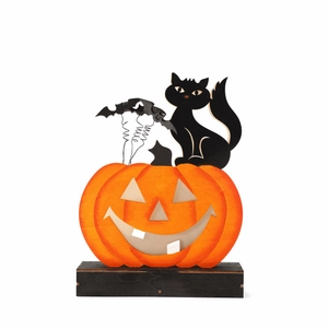 Décoration d'Halloween en bois avec citrouille, chat noir et chauves-souris