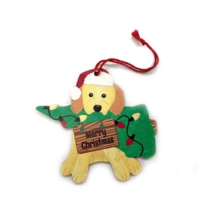 Adorno de Navidad de madera con perro Golden Retriever y gorro rojo festivo