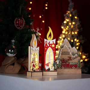 Three-piece set of wooden Christmas LED ornaments with reindeer and candle light designs