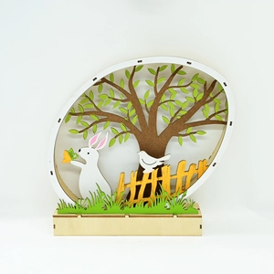 Easter wooden multilayer ornament with LED light, bunny and tree in egg shape