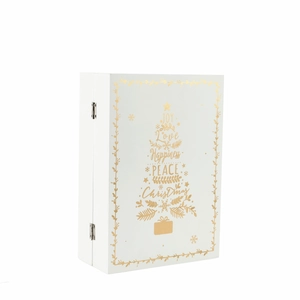 White wooden Christmas advent book box with gold tree design featuring joy love and peace