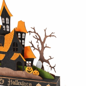 Halloween wooden haunted house table decor with orange roof and Happy Halloween base