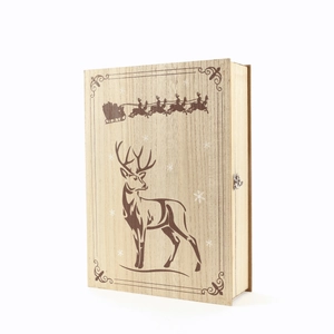 Christmas wooden countdown calendar box with reindeer carving and LED light ornaments