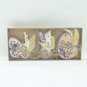 Three-piece set of wooden Easter ornaments featuring bunny, egg, and butterfly designs