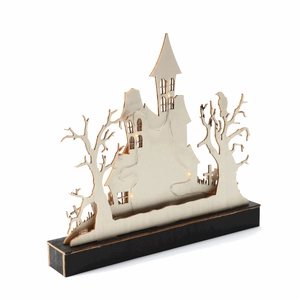 Detailed close-up of a wooden Halloween LED lantern with gothic castle and spooky elements