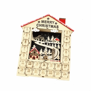Wooden 24-day Christmas advent calendar with LED lights and winter village sledge design