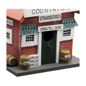 Creative wooden farm shop birdhouse for garden decoration with hand-painted details