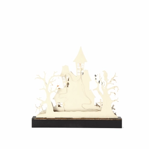 Halloween wooden decoration with laser-cut castle design and glowing LED fairy lights