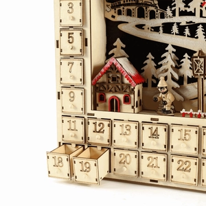 Wooden Christmas advent calendar with 24 drawers and LED winter village scene