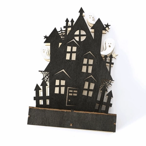 Lighted Halloween wooden haunted house castle decor with ghosts and spider web design