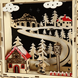 Christmas countdown wooden calendar sled decor with LED lights and winter snow scene