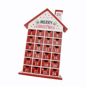 Wooden house Christmas countdown calendar with 24 red drawers and white numbered markings
