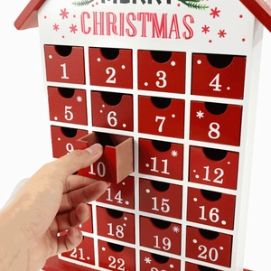 Wooden house advent calendar with 24 red drawers for Christmas countdown gift storage