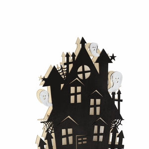 Lighted wooden ghost house ornament with spider webs for Halloween party decoration