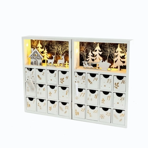 White wooden Christmas advent calendar book with 24 drawers, LED lights and reindeer carvings
