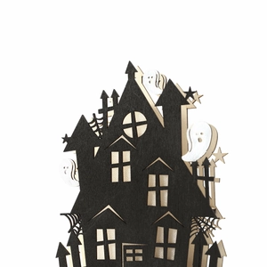Halloween haunted house wooden LED ornament with laser-cut ghost and spider web layers
