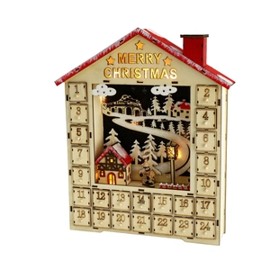 Close-up of wooden advent calendar featuring 24 drawers and LED illuminated winter scene
