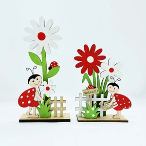 Detailed view of two-piece wooden welcome garden stakes with painted ladybugs and flowers
