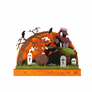Décoration d'Halloween en bois avec sorcière, lune et pierre tombale RIP