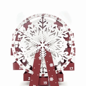 Detail of wooden Christmas ferris wheel calendar with red numbered advent drawers