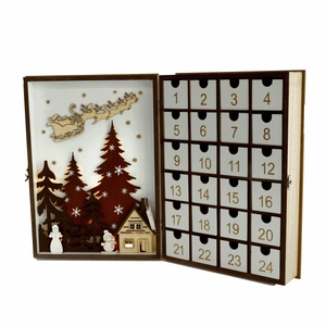 Wooden Christmas advent calendar book with 24 drawers and warm LED light scene decoration