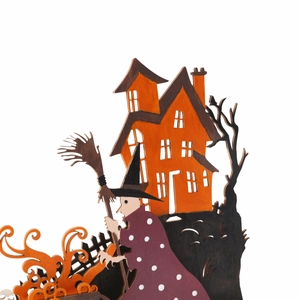 Detailed layered wooden Halloween witch and ghost haunted house ornament with orange finish