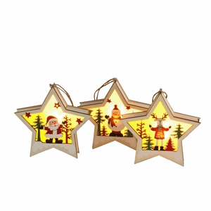 Three wooden star Christmas ornaments with LED lights featuring Santa Snowman and Reindeer