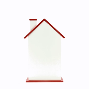Detail showing the red roof and white facade of the wooden Christmas countdown house