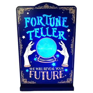 Light-up Fortune Teller wooden sign with blue LED glow and crystal ball design